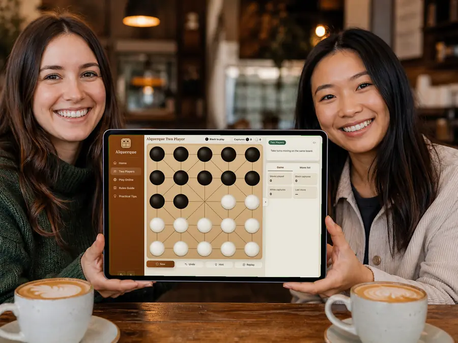 Two players sharing one device for a face-to-face Alquerque game